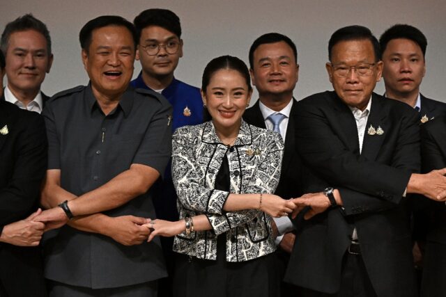 Pheu Thai party leader Paetongtarn Shinawatra (front C), and daughter of ex-prime minister