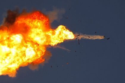 This photo taken from a position in northern Israel shows a Hezbollah UAV intercepted by I