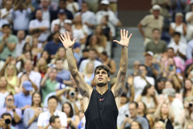 Spain's Carlos Alcaraz celebrates his US Open first-round victory over Li Tu