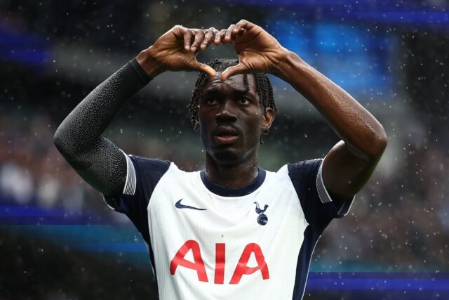 Tottenham's Yves Bissouma celebrates scoring against Everton