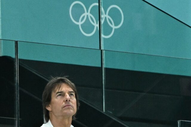 US actor Tom Cruise attends gymnastics qualification during the Paris 2024 Olympic Games