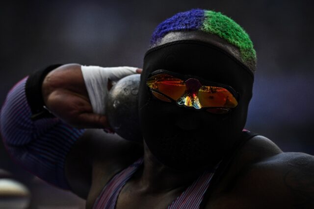 US' Raven Saunders competes in the shot put qualifiers on Thursday