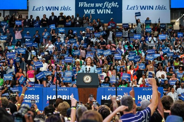 US Vice President Kamala Harris speaks at a campaign event in Atlanta, Georgia, on July 30