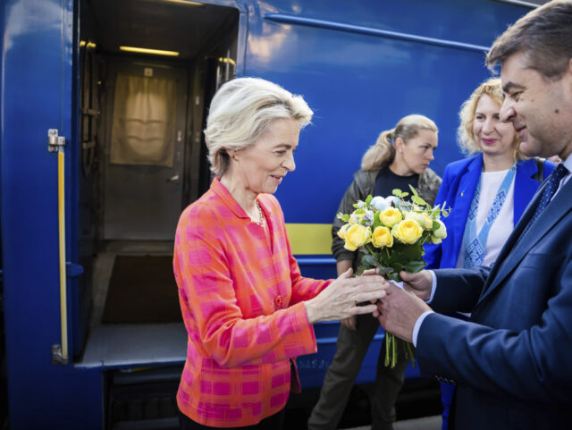 President of the European Commission, Ursula von der Leyen, left, is greeted as she arrive