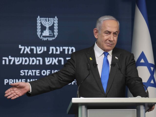 Israeli Prime Minister Benjamin Netanyahu attends a press conference at the Government Pre