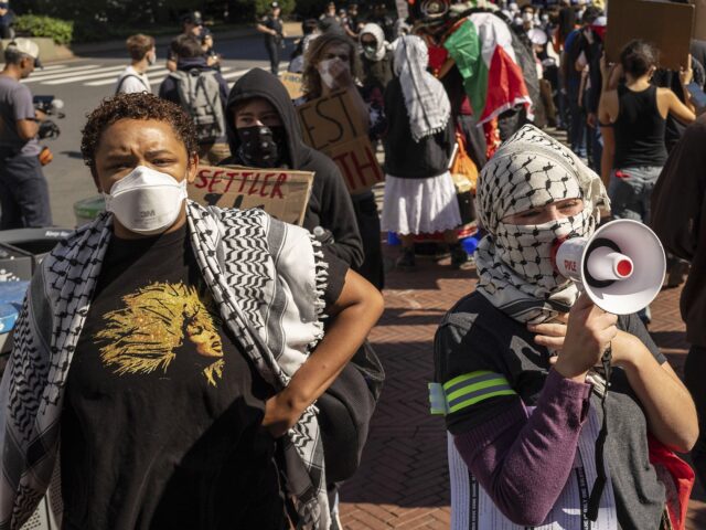 Pro-Palestinian supporters protest outside Columbia University, Tuesday, Sep. 3, 2024, in