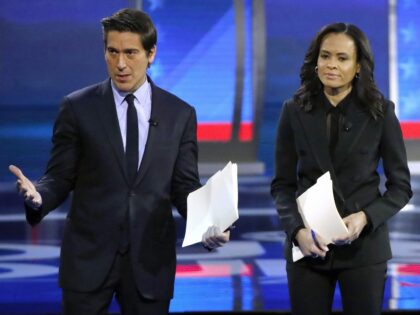 FILE - ABC World News Tonight Anchor David Muir, left, addresses members of the audience w