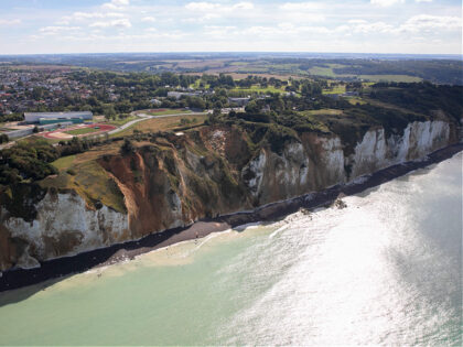 This aerial photograph taken on September 11, 2022 shows a coastal erosion off the coast o