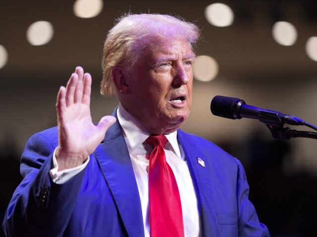 Republican presidential nominee former President Donald Trump speaks at a campaign event a