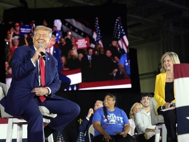 Republican presidential nominee former President Donald Trump speaks at a town hall campai