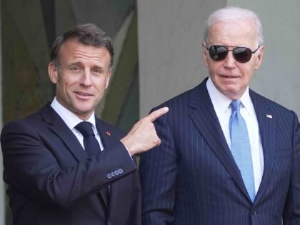 President Joe Biden and French President Emmanuel Macron, left, react after their talks, S