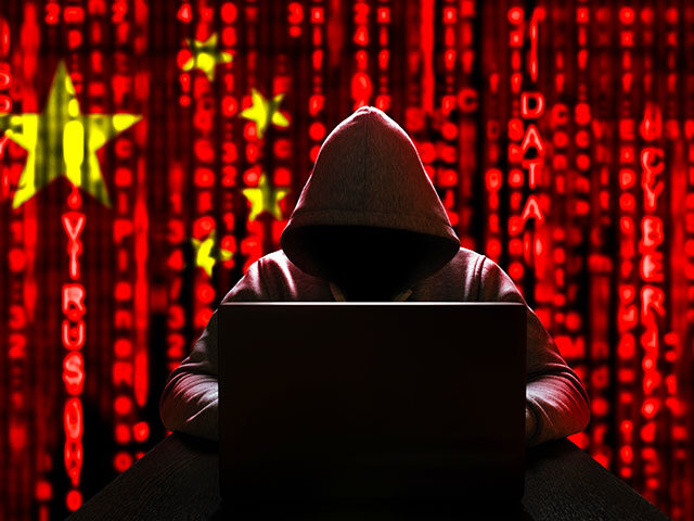 Cyber threat from china. Chinese hacker at the computer, on a background of binary code, t