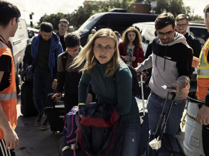 Ukrainian refugees arrive at a humanitarian shelter in Tijuana, Mexico, on Friday, April 2