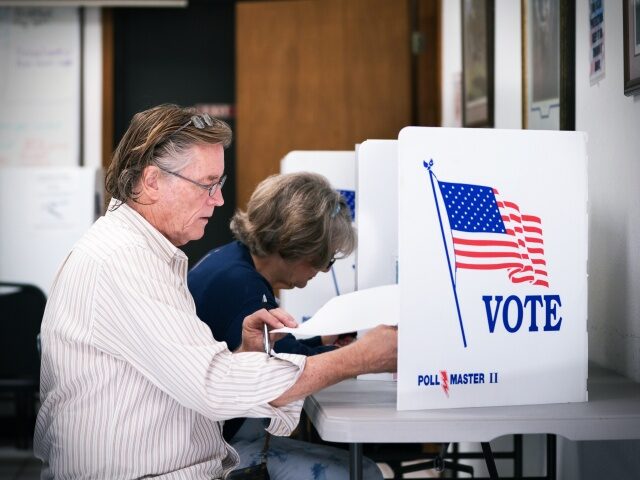 MT. GILEAD, NC - MAY 17: A man fills out a ballot at a voting booth on May 17, 2022 in Mt.