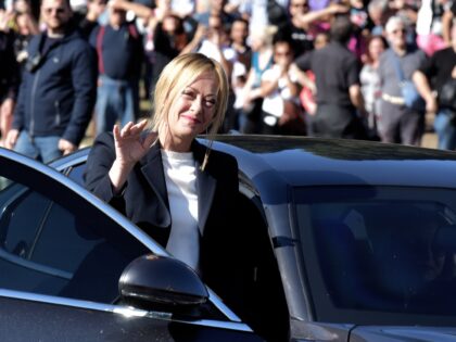 ROME, ITALY - OCTOBER 29:Prime Minister Giorgia Meloni greets supporters after going to th