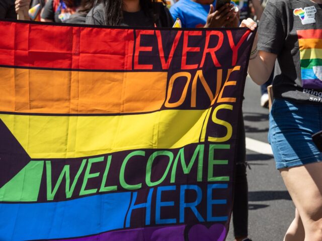 London, UK, June 29, 2024, People carry a rainbow banner reading "Everyone is welcome here