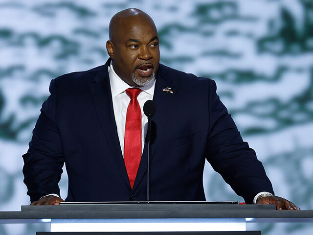 North Carolina Lt. Gov. Mark Robinson speaks on stage on the first day of the Republican N