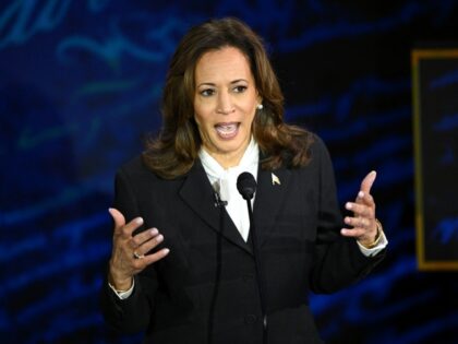 US Vice President and Democratic presidential candidate Kamala Harris speaks during a pres