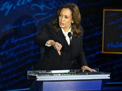 Vice President and Democratic presidential candidate Kamala Harris gives a thumbs down dur