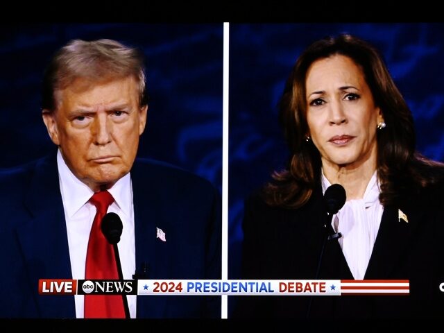 This photo taken at the U.S. presidential debate media filing center on Sept. 10, 2024 sho