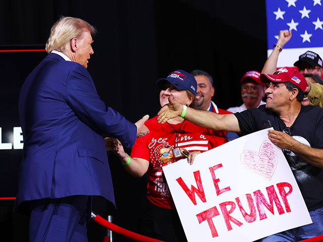 Republican presidential nominee, former U.S. President Donald Trump, greets supporters dur