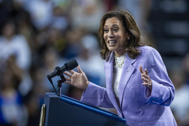 Vice President Kamala Harris speaks to supporters during a campaign rally at UNLV's T