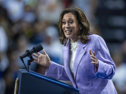 Vice President Kamala Harris speaks to supporters during a campaign rally at UNLV's T