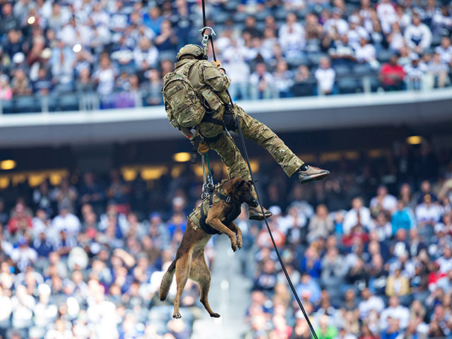 A Navy Seal and his dog rappel into the stadium before a game between the Dallas Cowboys a