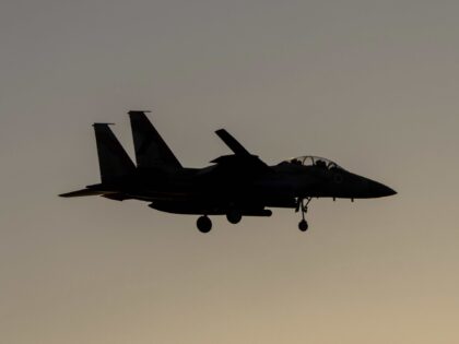 An Israeli air force F-15 warplane is seen before landing in an airbase in central Israel,