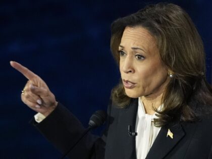 Democratic presidential nominee Vice President Kamala Harris speaks during a presidential