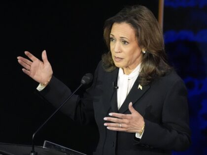 Democratic presidential nominee Vice President Kamala Harris speaks during a presidential