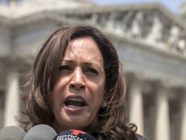 Sen. Kamala Harris, D-Calif., joins an women's advocacy group, MomsRising, to protest