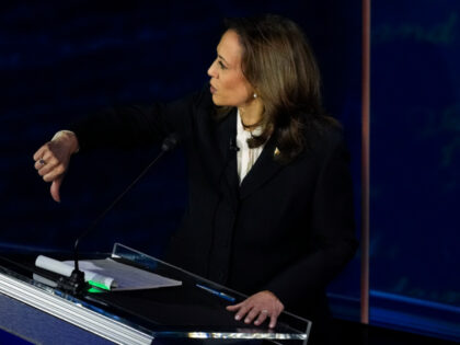 Democratic presidential nominee Vice President Kamala Harris gestures as she speaks during