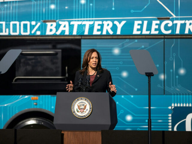 Vice President Kamala Harris gives remarks after touring the electric vehicle operations a