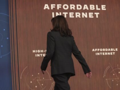 U.S. Vice President Kamala Harris departs after speaking on affordable high-speed internet