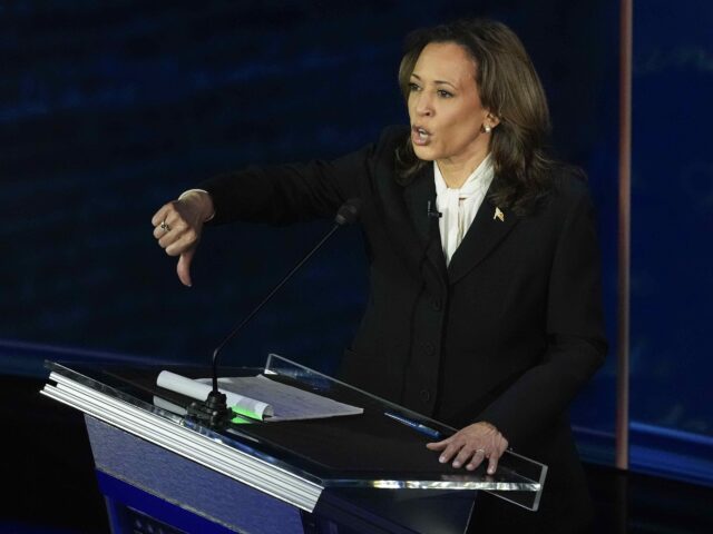 Democratic presidential nominee Vice President Kamala Harris gestures as she speaks during