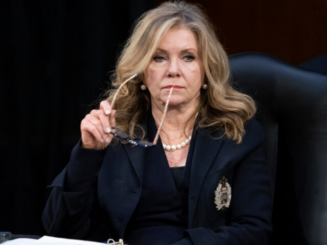 Sen. Marsha Blackburn, R-Tenn., listens as the Senate Judiciary Committee begins debate on