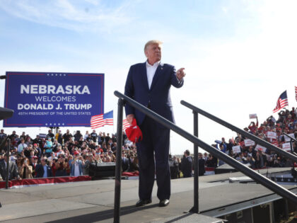 Former President Donald Trump arrives for a rally at the I-80 Speedway on May 01, 2022 in