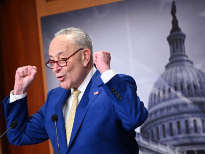 US Senate Majority Leader Chuck Schumer, Democrat from New York, speaks during a news conf