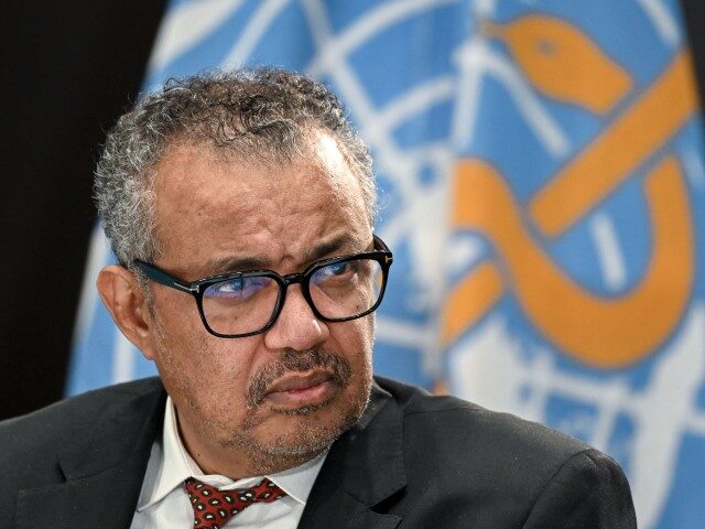 World Health Organization (WHO) chief Tedros Adhanom Ghebreyesus looks on during a press c