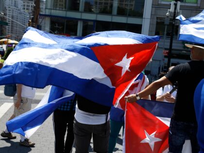 Demonstrators rally in Union Square against US economic and travel sanctions against Cuba,