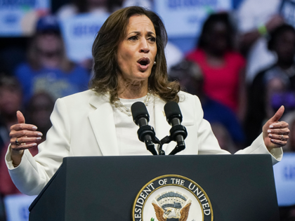 Vice President Kamala Harris speaks a campaign event in Savannah, Georgia, on August 29, 2