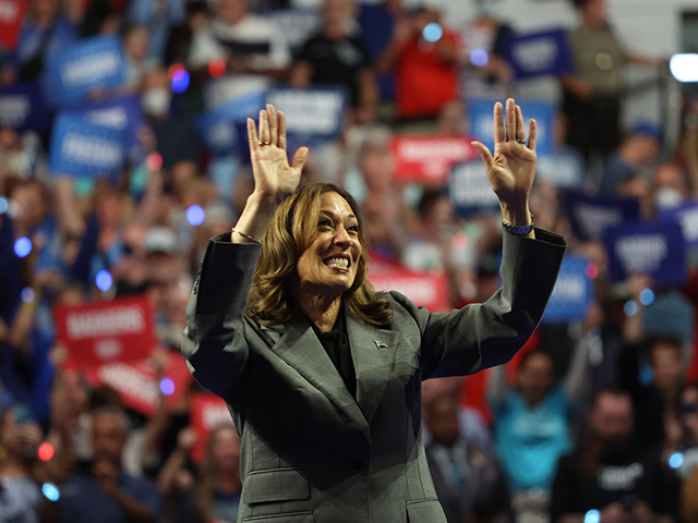 Vice President Kamala Harris gestures during a campaign event in Madison, Wisconsin, on Se