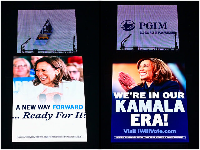 NEW YORK, NEW YORK - SEPTEMBER 13: The Democratic National Committee displays a billboard