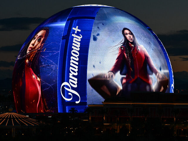 The Paramount Global Paramount+ streaming service logo is displayed on the Sphere arena in