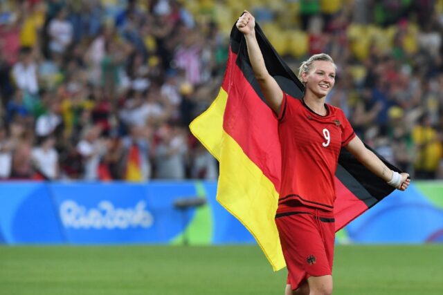 Alexandra Popp celebrating after Germany won Olympic gold in Rio de Janeiro in 2016