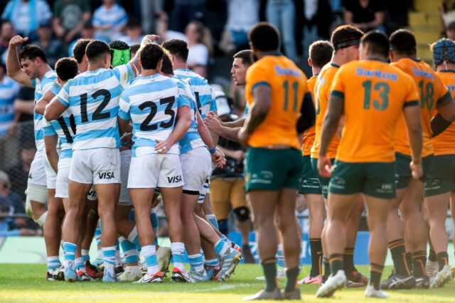 Argentina's players celebrate after scoring their fourth try against Australia in Santa Fe