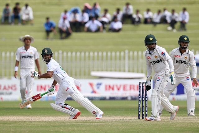 Bangladesh's captain Najmul Hossain Shanto plays a shot during the fifth day against Pakis