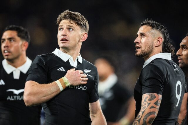 Beauden Barrett (second from left) and TJ Perenara (second from right) will start on the b