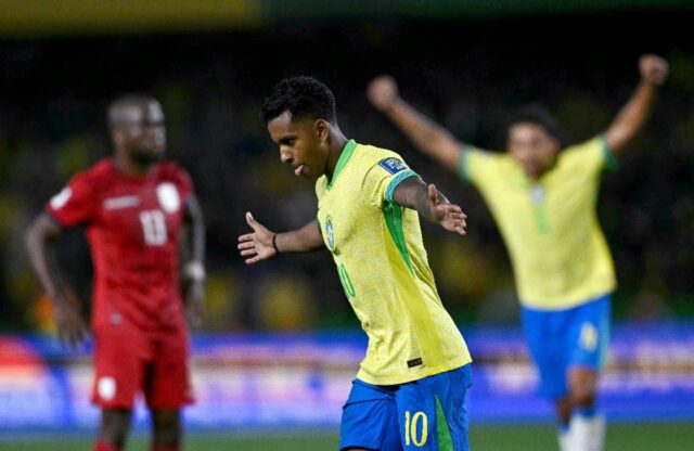 Brazil's forward Rodrygo celebrates his goal in Friday's 2026 World Cup qualifying win ove